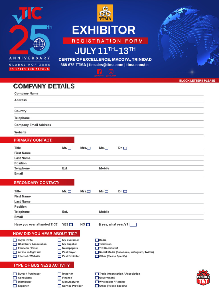 TIC 2024 Exhibitor's Registration Form PDF