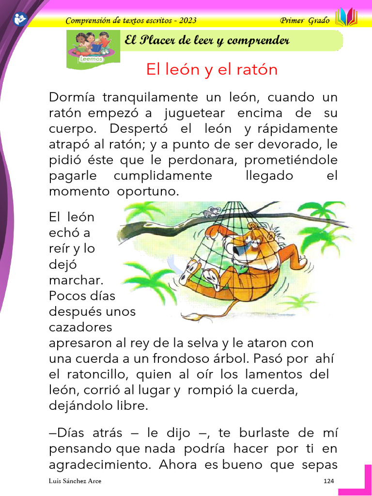 Fábula del León y el Ratón para Primer Grado | PDF