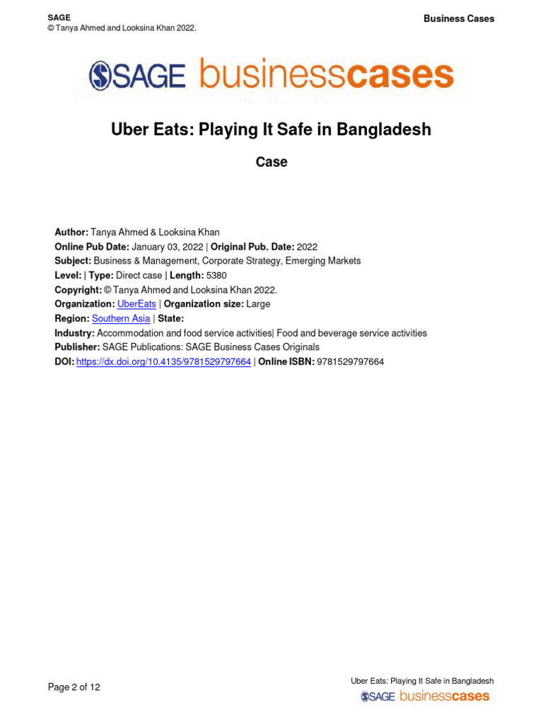 Uber Eats Playing It Safe In Bangladesh Mgt 368 Case Study Pdf