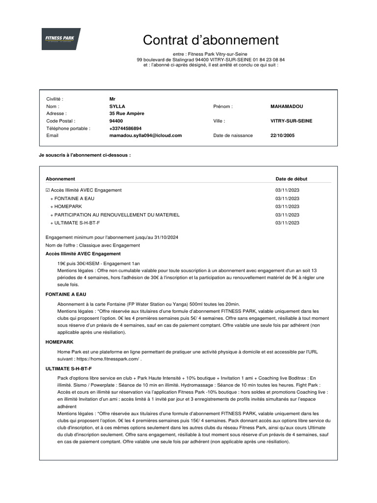 Contrat d'abonnement Fitness Park | PDF | Vie privée et informatique ...