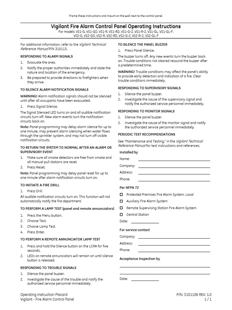 Vigilant Fire Alarm Panel Instructions | PDF | Fire Protection | Equipment