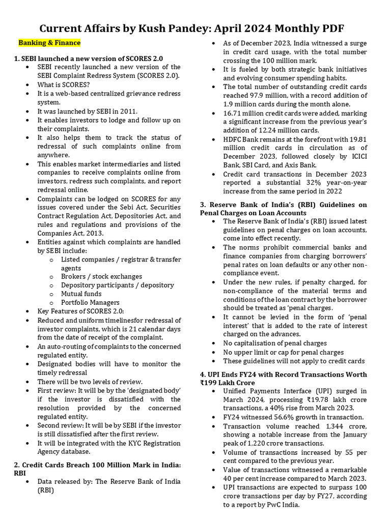 April 2024 Financial Updates Summary | PDF | Reserve Bank Of India | Banks
