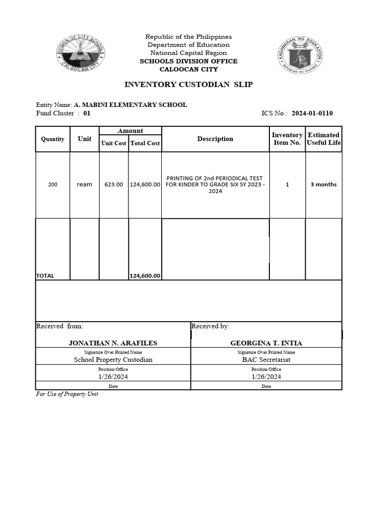 DepEd Inventory Custodian Slip Template | PDF | Printer (Computing ...