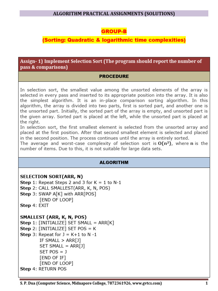 Algo Assignment-03 Selection Sort | PDF | Theoretical Computer Science ...