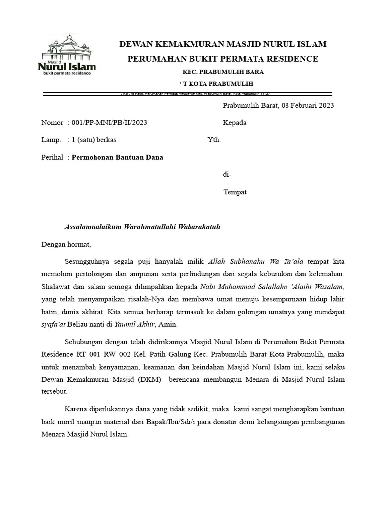 Permohonan Dana Pembangunan Menara Masjid | PDF