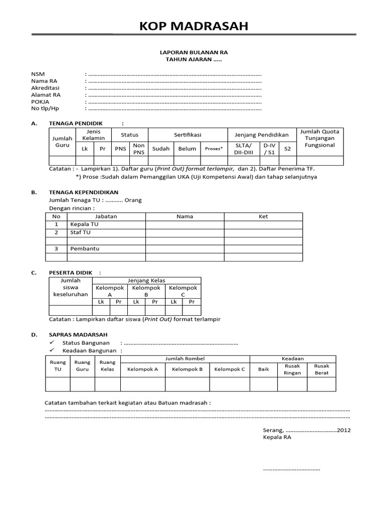 Laporan Bulanan RA Madrasah | PDF