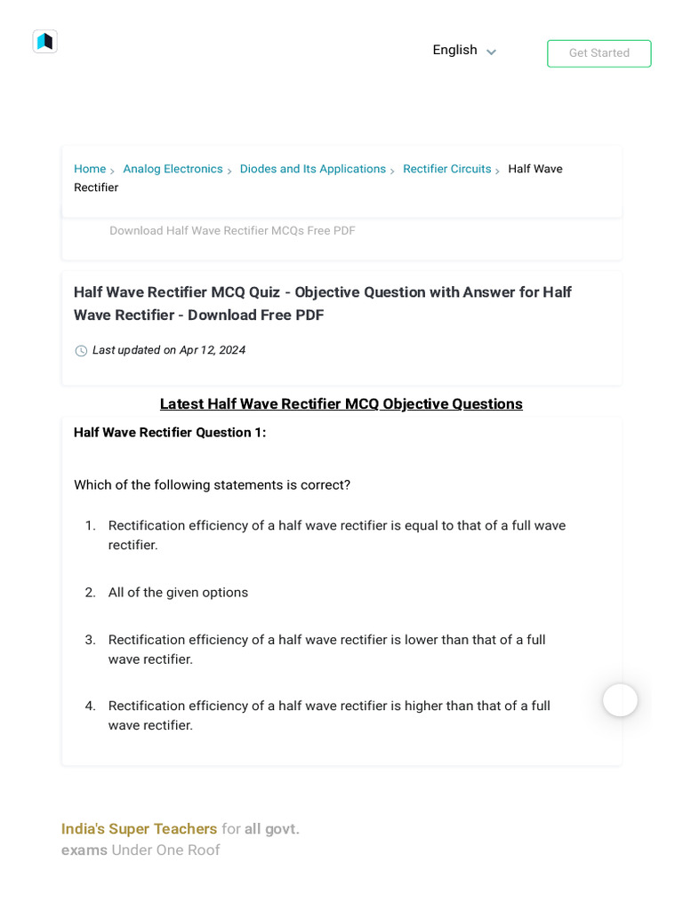 Half Wave Rectifier practical questions PDF Rectifier Diode