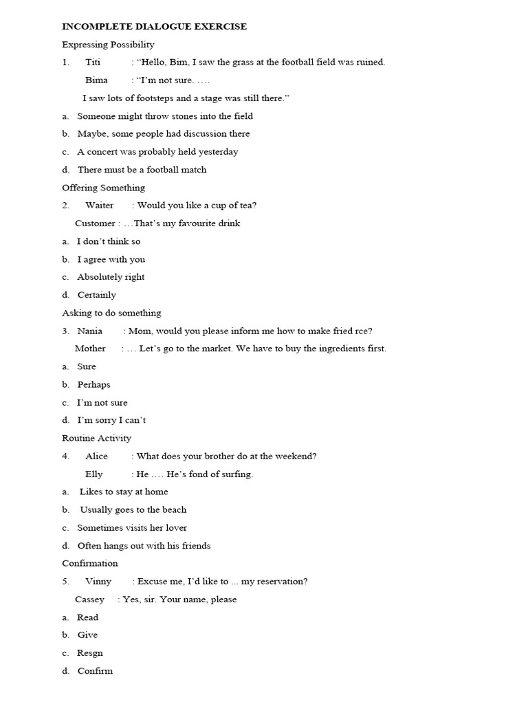 Incomplete Dialogue Exercise | PDF