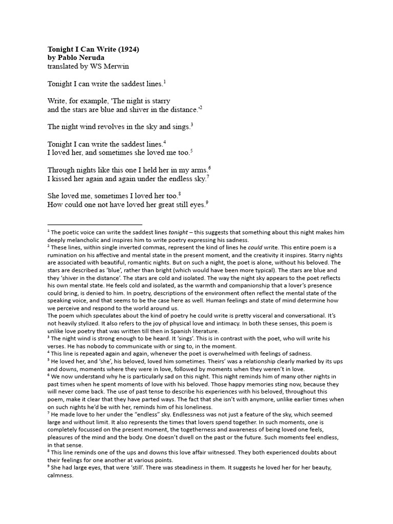 Tonight I Can Write By Pablo Neruda