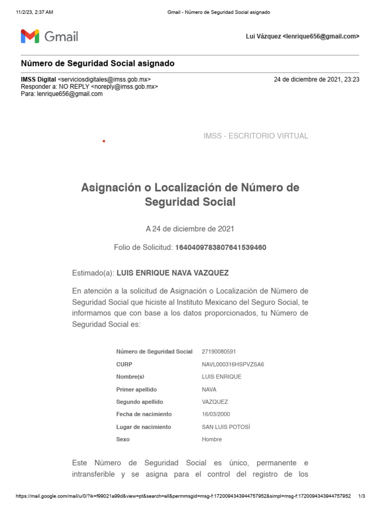 Gmail - Número de Seguridad Social Asignado | PDF
