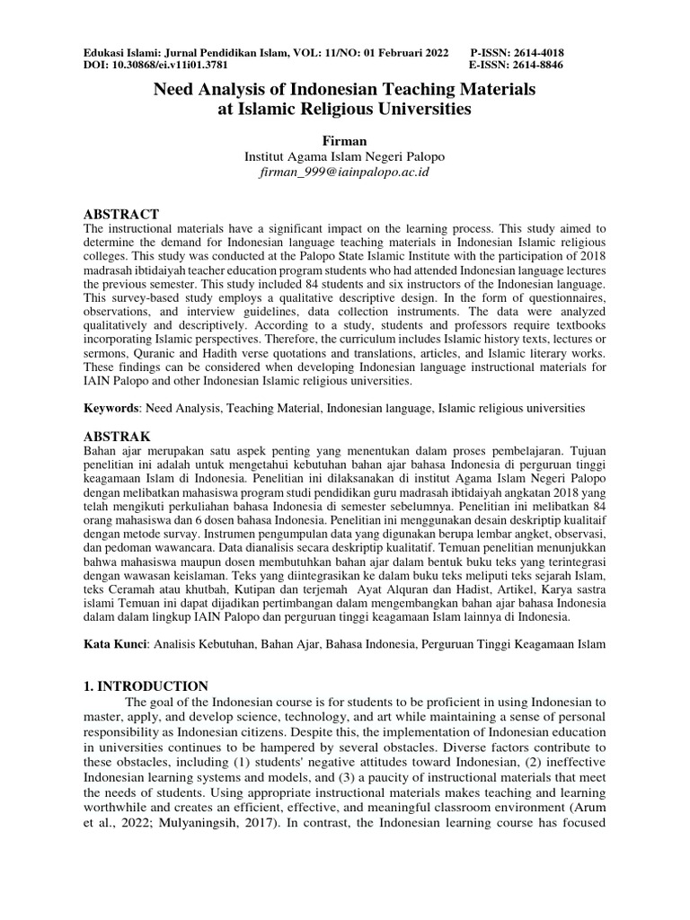 Need Analysis of Indonesian Teaching Materials at Islamic Religious ...