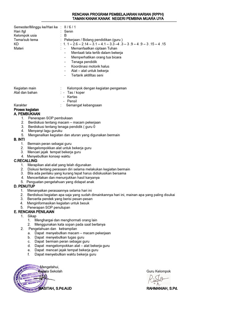 RPPH Tema Pekerjaan untuk Usia Dini | PDF