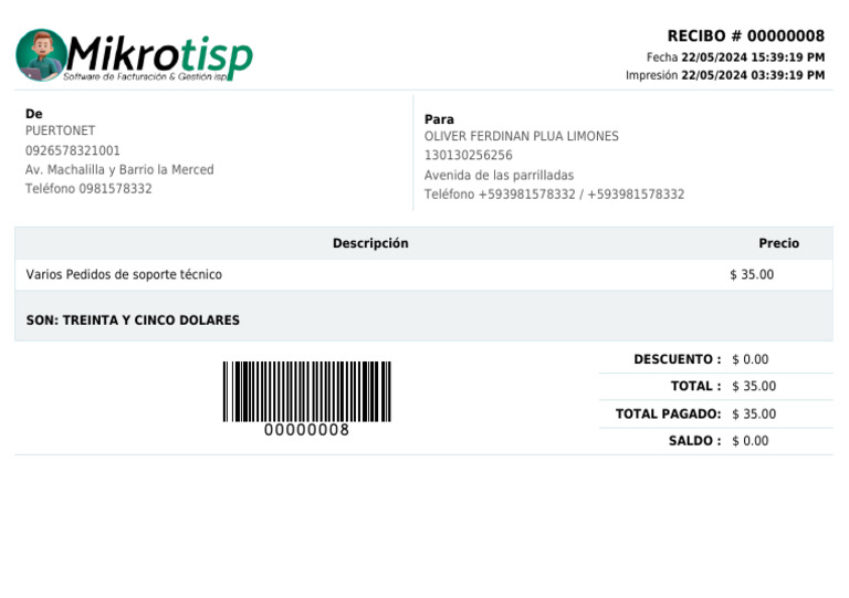 Recibo de Soporte Técnico #00000008 | PDF