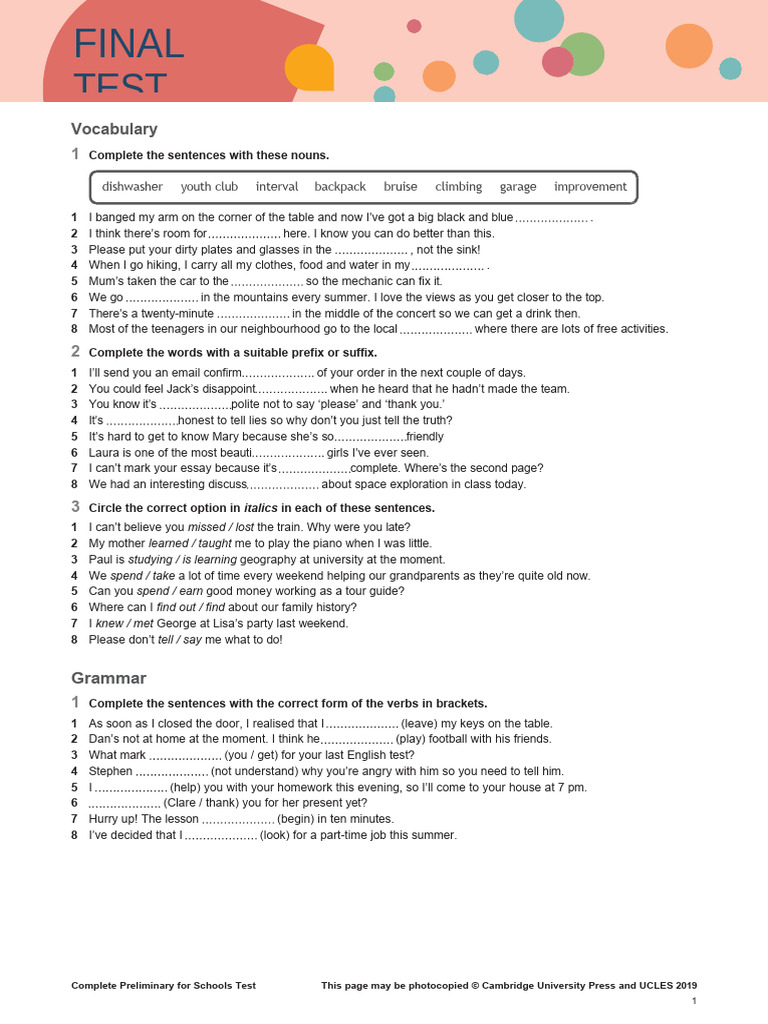 Complete Preliminary Test for Schools | PDF | Linguistics
