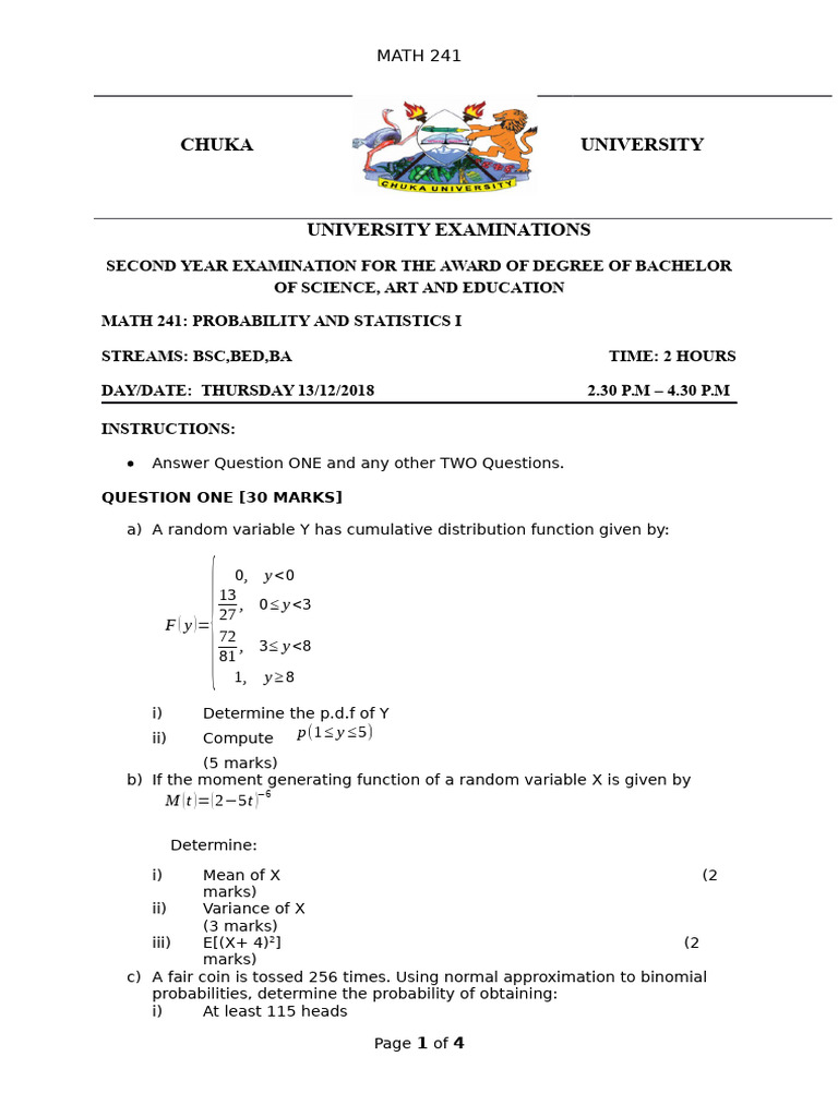 MATH 241: Probability & Statistics Exam | PDF | Probability ...