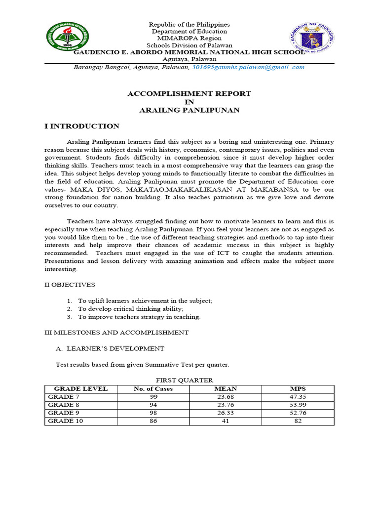 Araling Panlipunan Accomplishment Report 2023 | PDF | Teachers | Learning