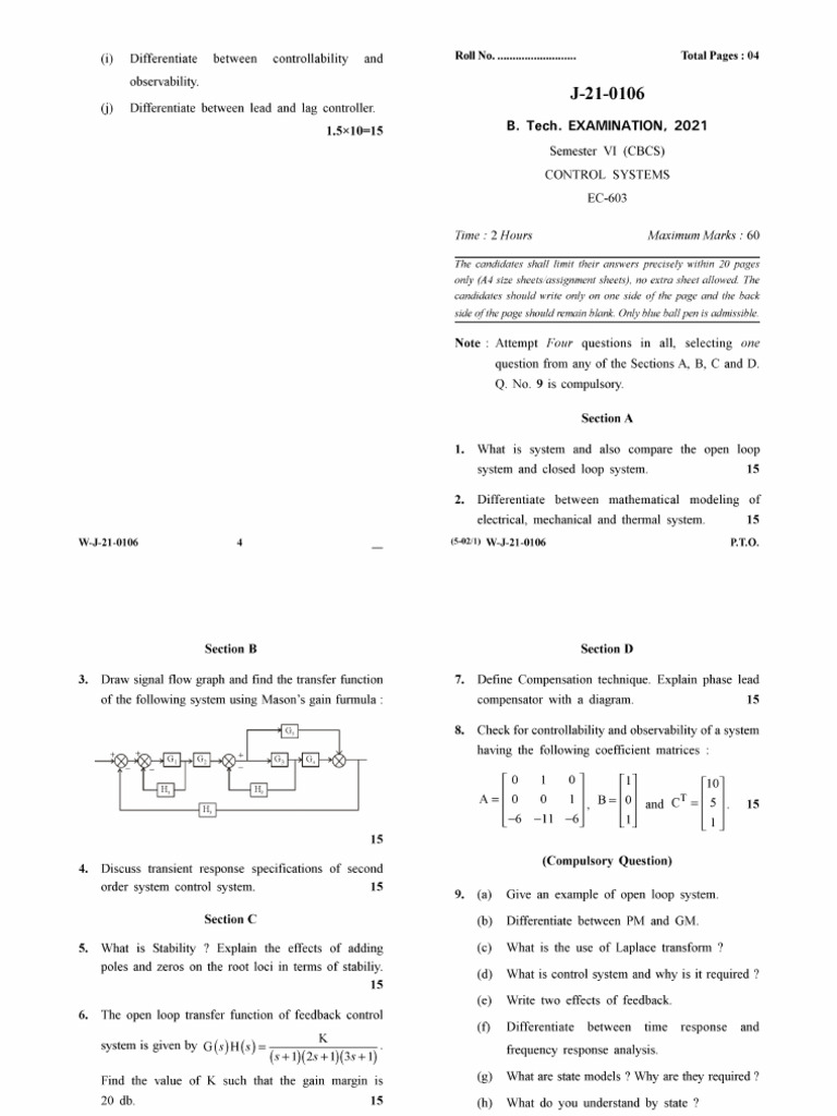 Control system Question paper PDF
