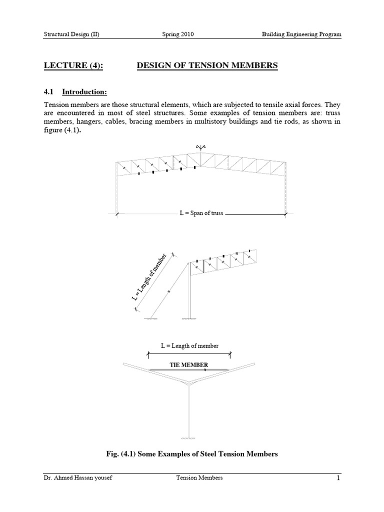 Lecture - 4 - Tension Members | PDF | Tension (Physics) | Truss