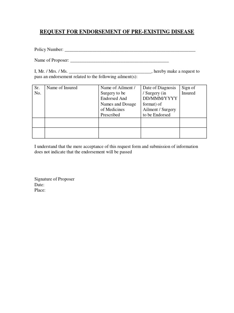 Endorsement Request for Pre-Existing Disease | PDF
