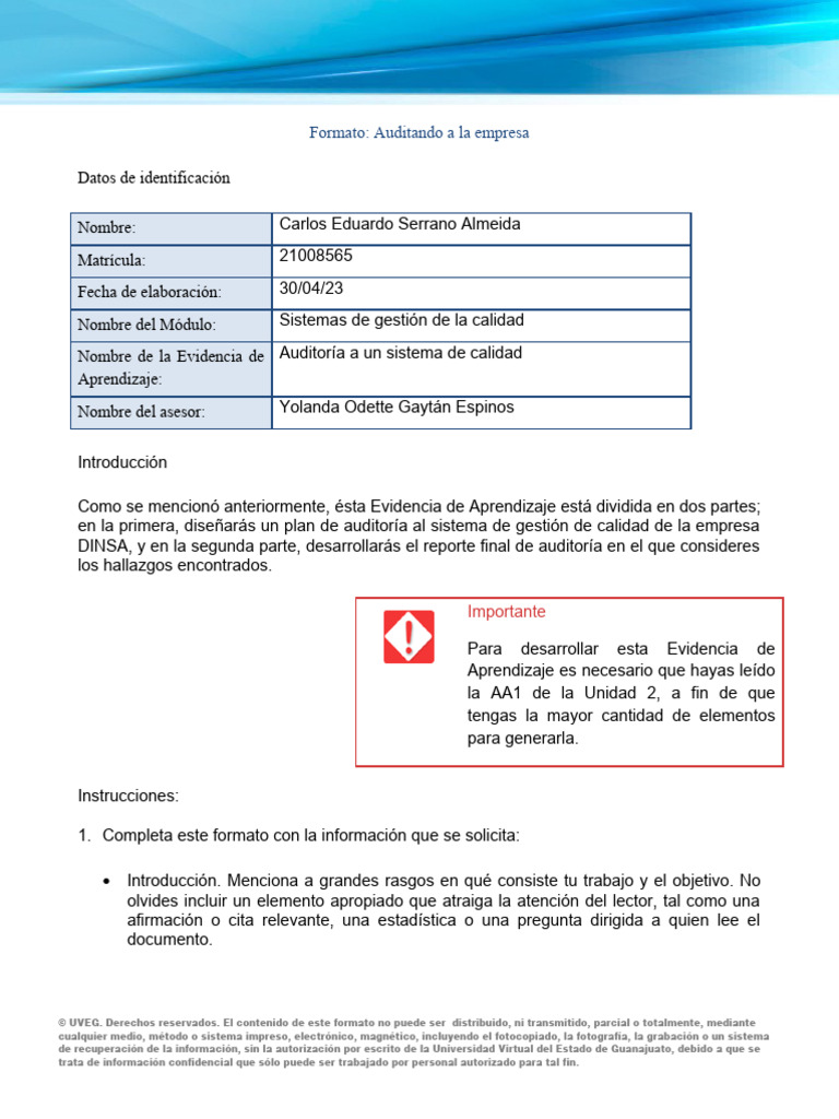Auditoría del Sistema de Calidad DINSA | PDF | Auditoría | Calidad ...