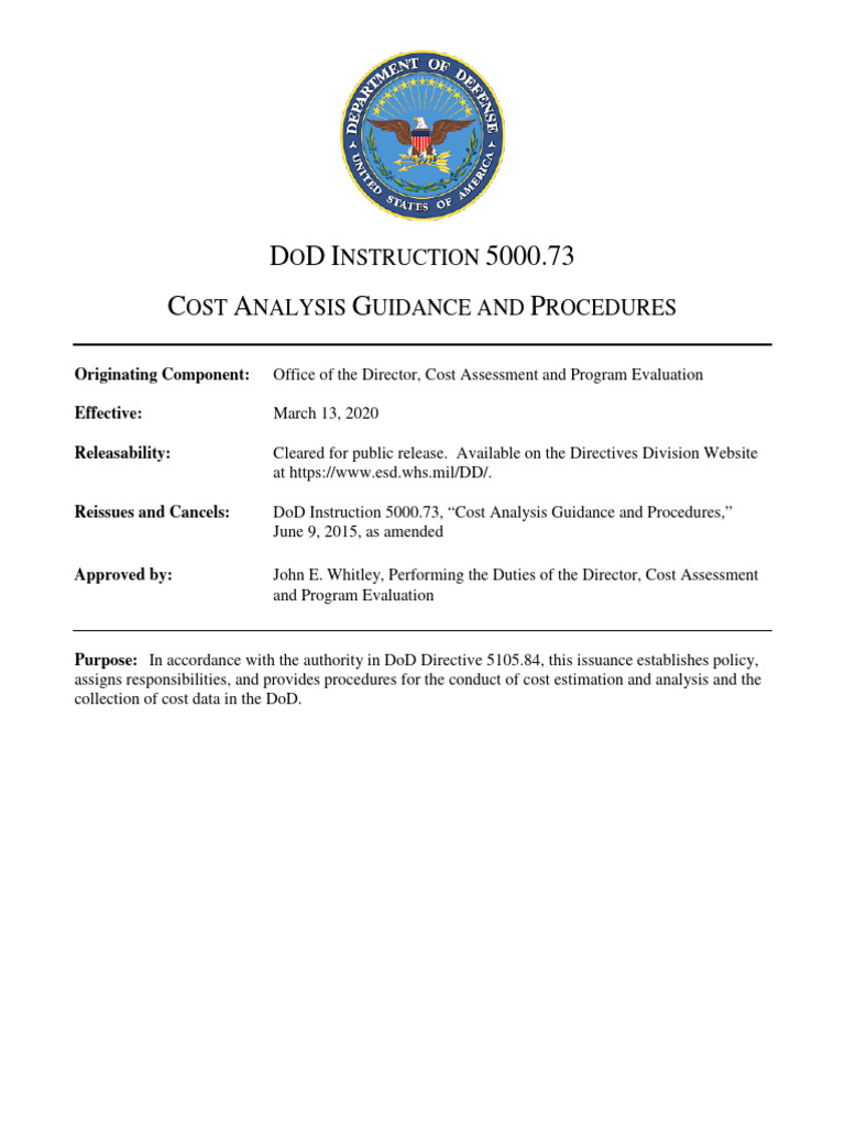Dod instruction 5000 73 cost analysis guidance and procedures pdf