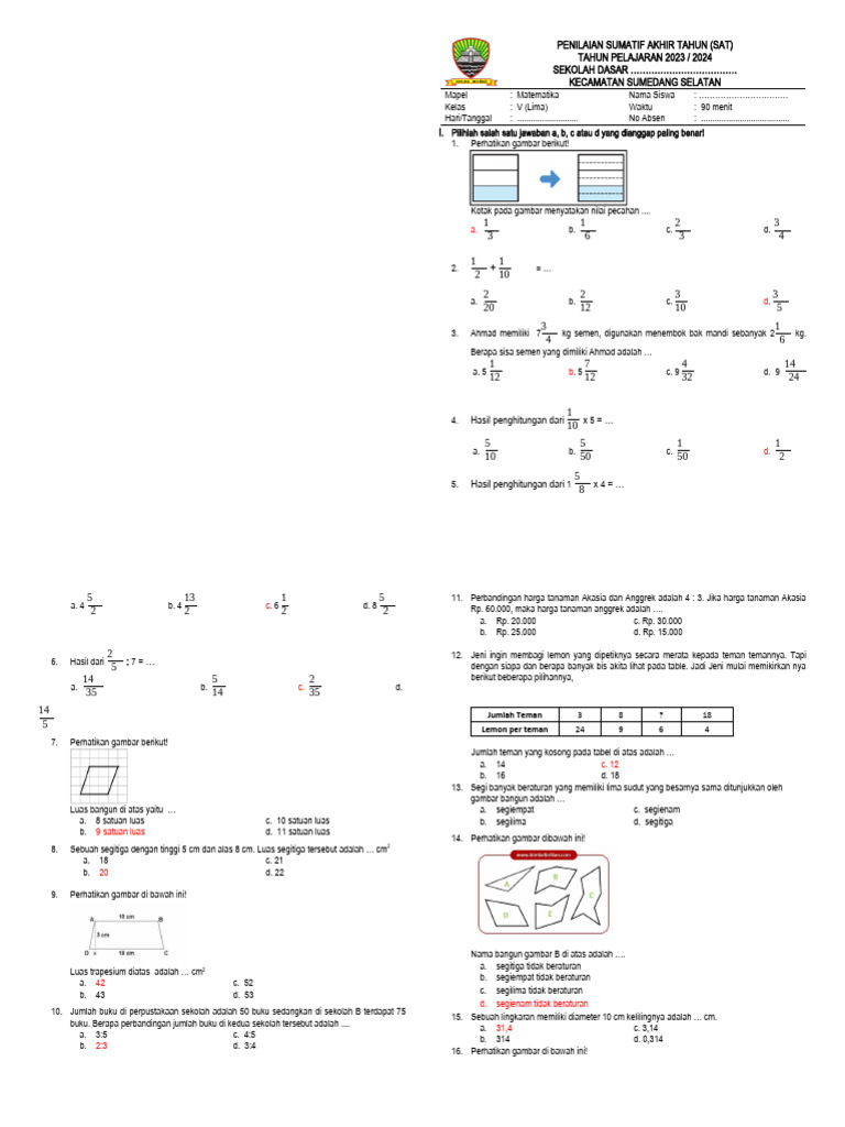 Soal Matematika Sat KLS 5 | PDF