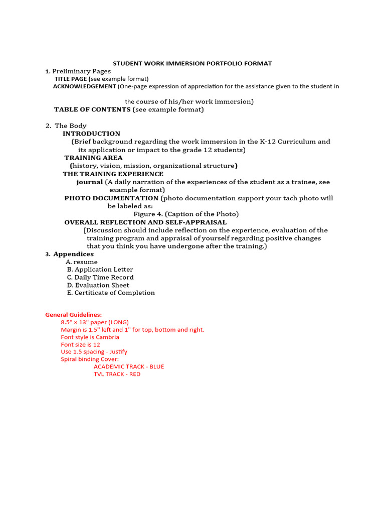 Student Work Immersion Portfolio Guide | PDF