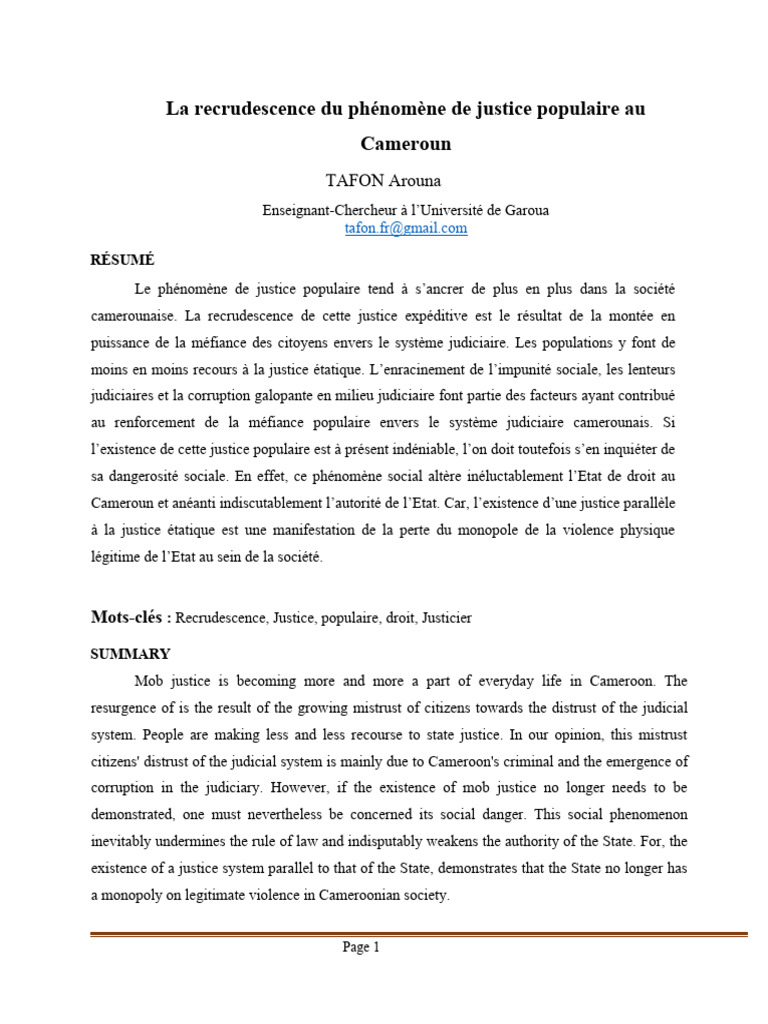 Recrudescence de la justice populaire au Cameroun | PDF | Justice ...