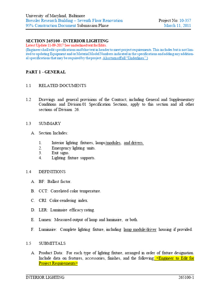 Interior Lighting Specifications for UMB Renovation | PDF | Lighting ...