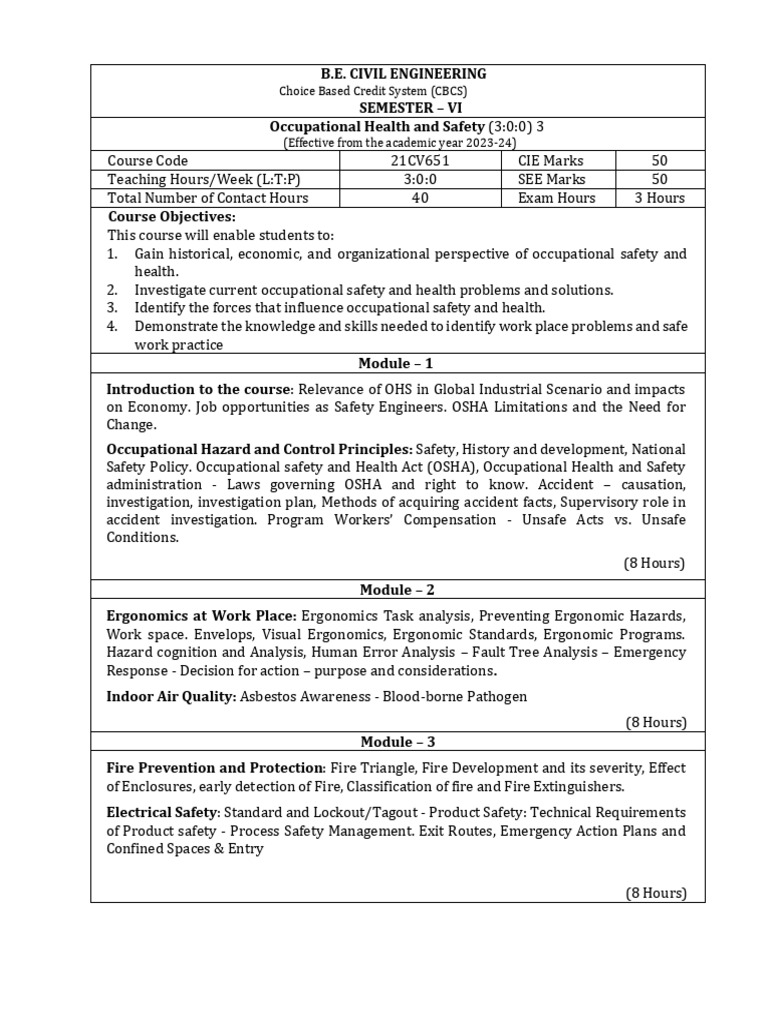 OHS Course Outline for Civil Engineering | PDF | Occupational Safety ...