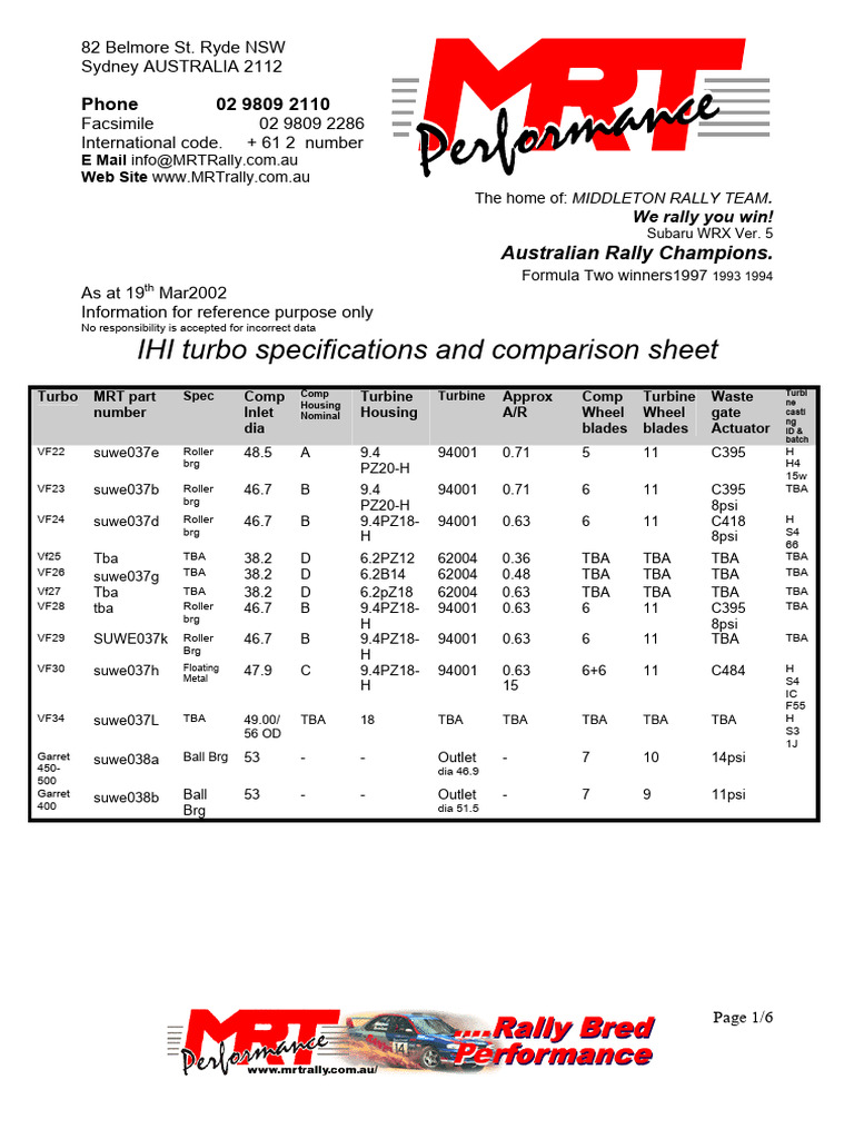 IHI VF Series Turbo Specifications Guide | PDF | Turbocharger | Vehicles