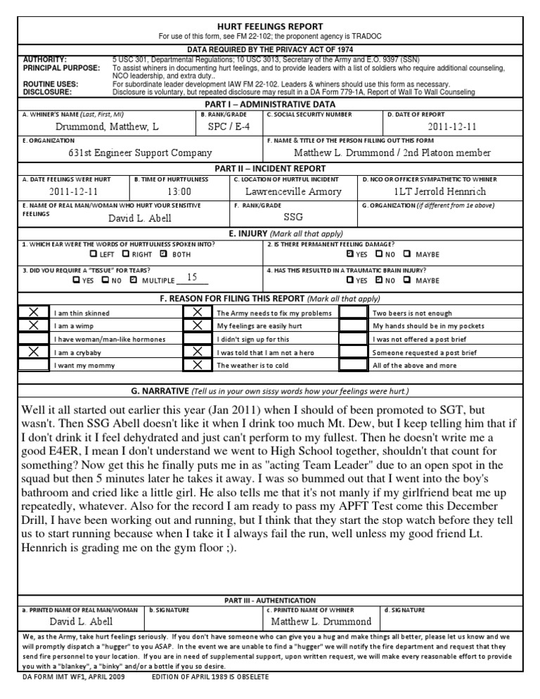 Hurt Feelings Report Da Form Imt Wf1 | PDF