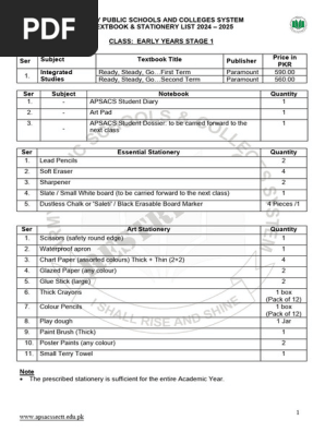 APSACS Book Stationery List Cl EYS 1 X Session 2024 25 Dated 21 Mar 2024
