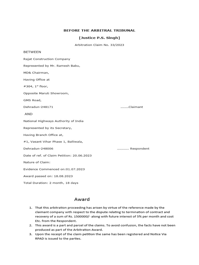 Arbitration Award: Rajat vs NHAI | PDF | Arbitration | Justice