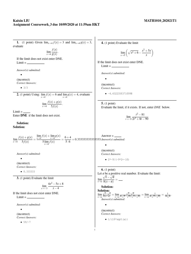 Limit Evaluation Assignment Solutions | PDF | Asymptote | Mathematical ...
