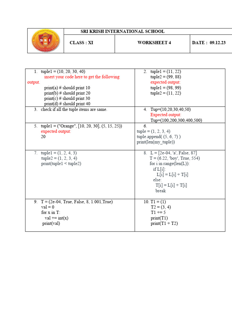 Python Tuple Exercises for Class XI | PDF