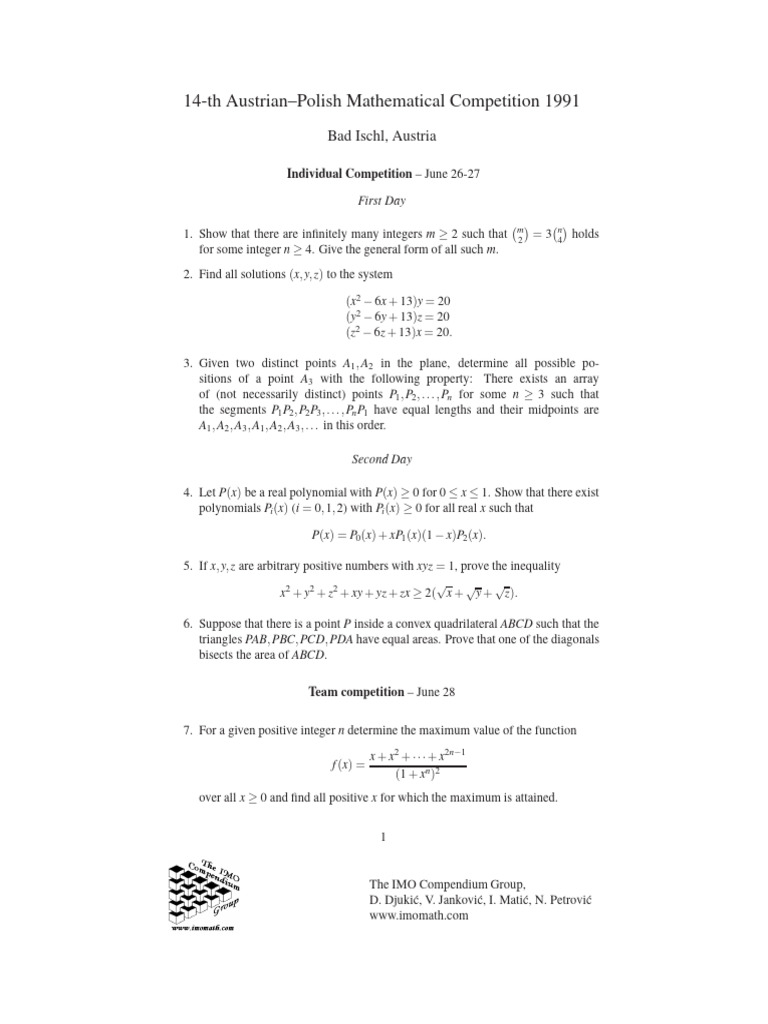 1991 Austrian-Polish Math Competition Problems | PDF | Number Theory ...