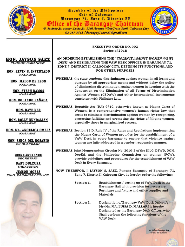 Executive Order No. 2 Vaw Desk PDF Government And Personhood Government