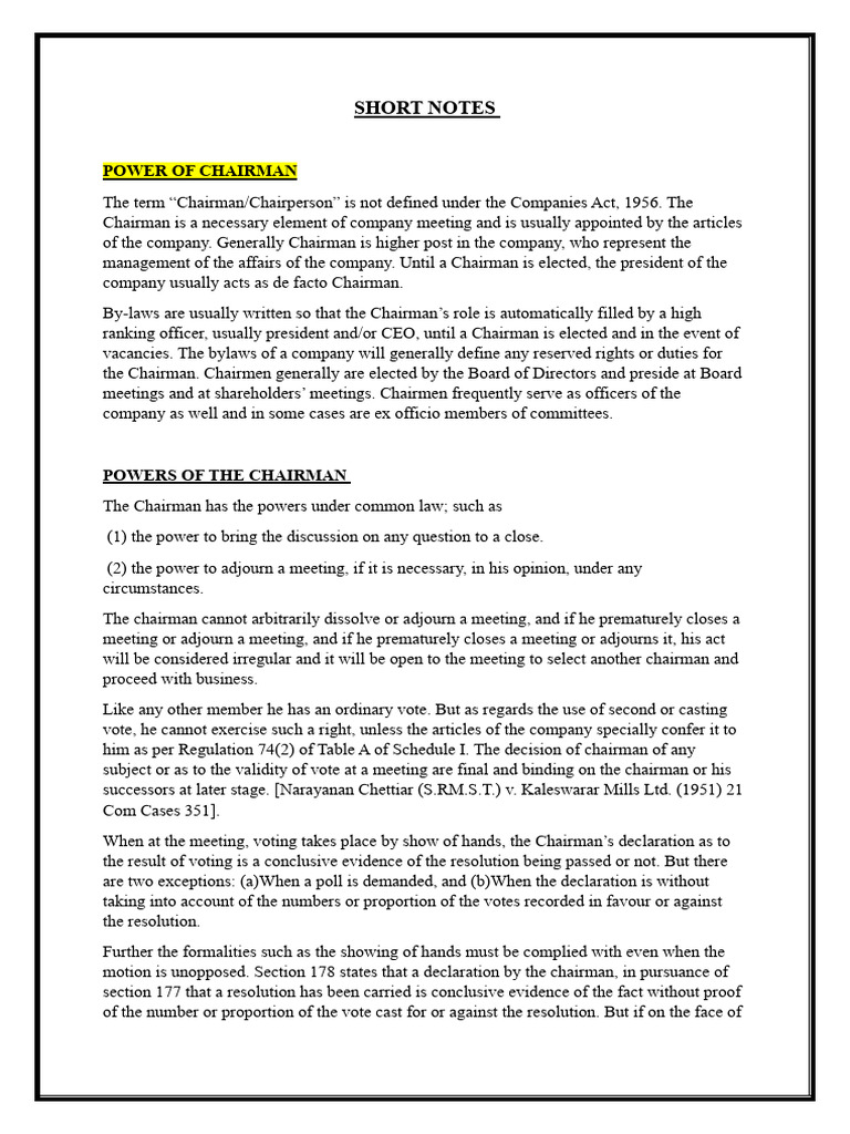 SHORT NOTES - Powers of Chairman, Audit Comm, SEBI | PDF | Audit ...