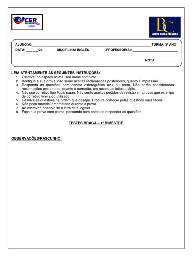 Instruções para Prova de Inglês 3º Ano | PDF | Punctuation | Linguistics