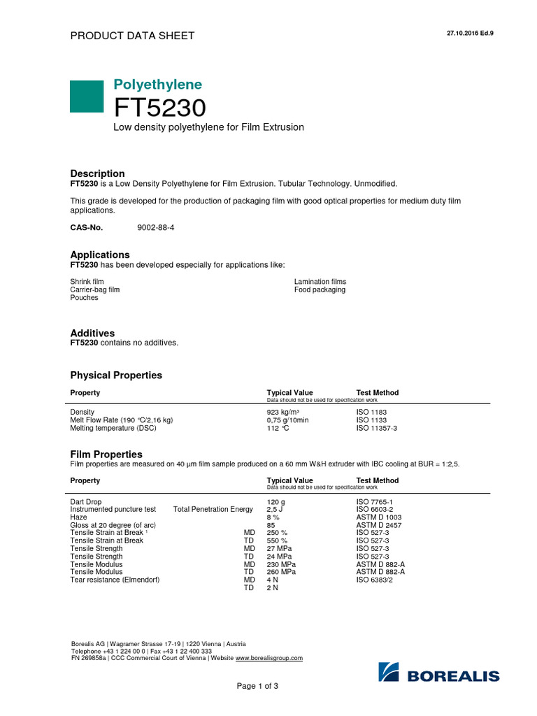 Borouge LD FT5230 | Download Free PDF | Extrusion | Polyethylene