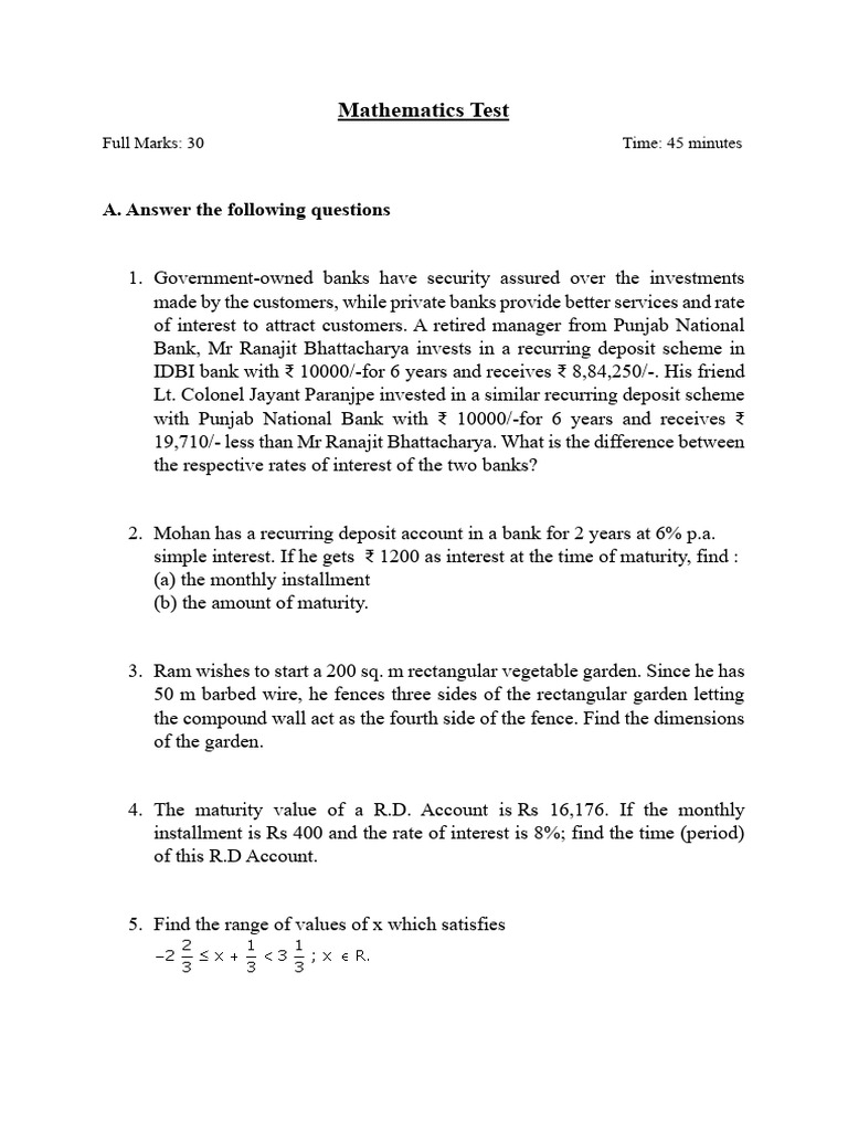 Mathematics Test Class 10 | PDF
