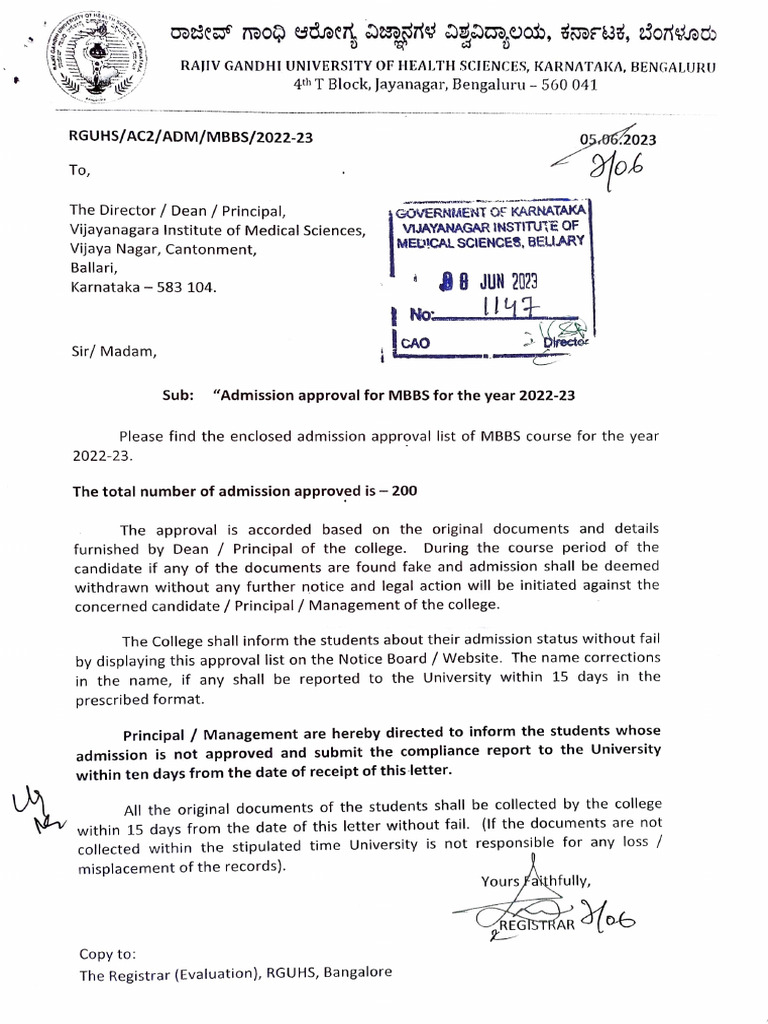 Rguhs 2022-23 Admission Approved 6fgivchuf | PDF