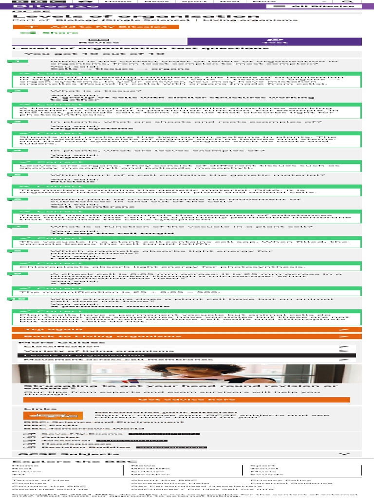 Levels of Organisation Test Questions GCSE Biology (Single Science