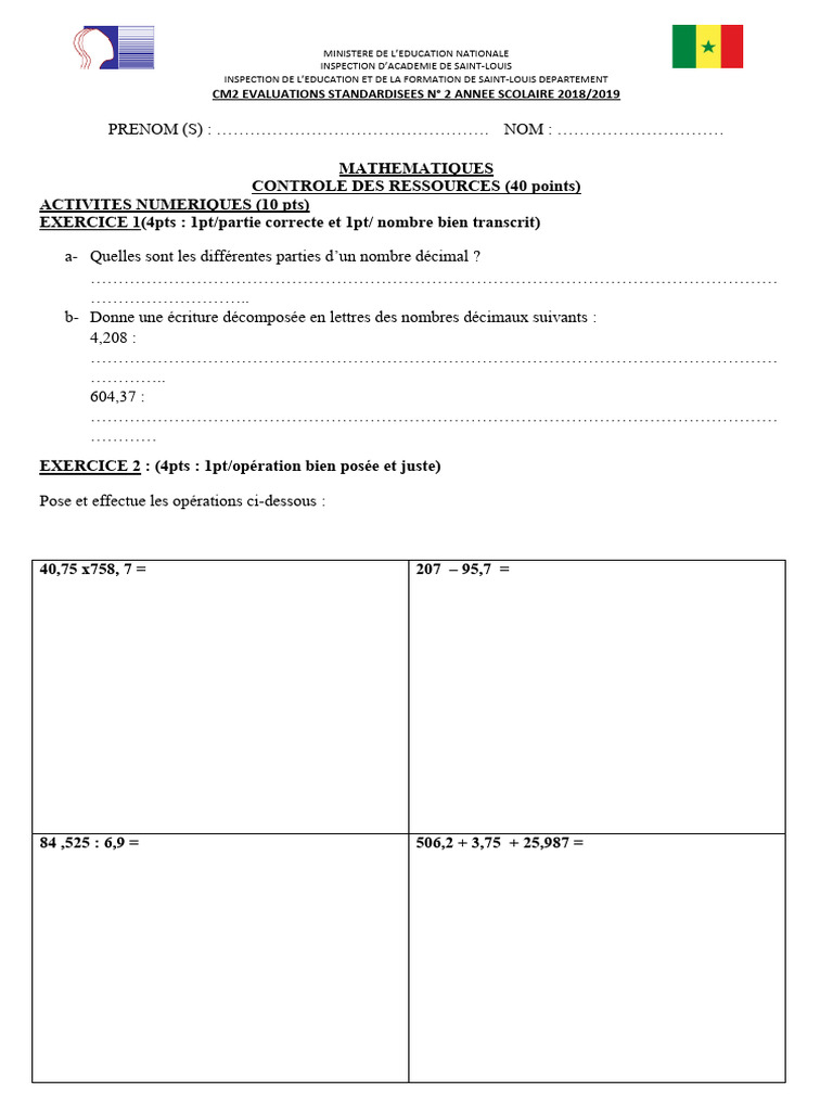 Évaluations Mathématiques CM2 2018/2019 | PDF