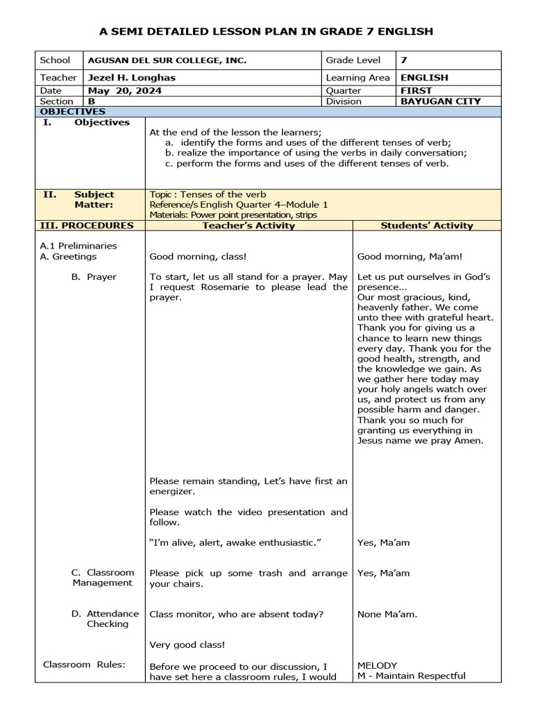 Grade 7 English Lesson Plan: Verb Tenses | PDF | Perfect (Grammar ...
