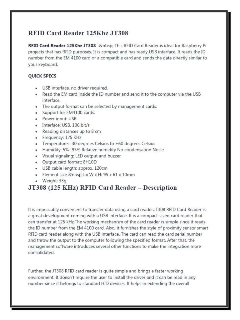 JT308 125KHz RFID Card Reader Overview | PDF | Usb | Radio Frequency ...