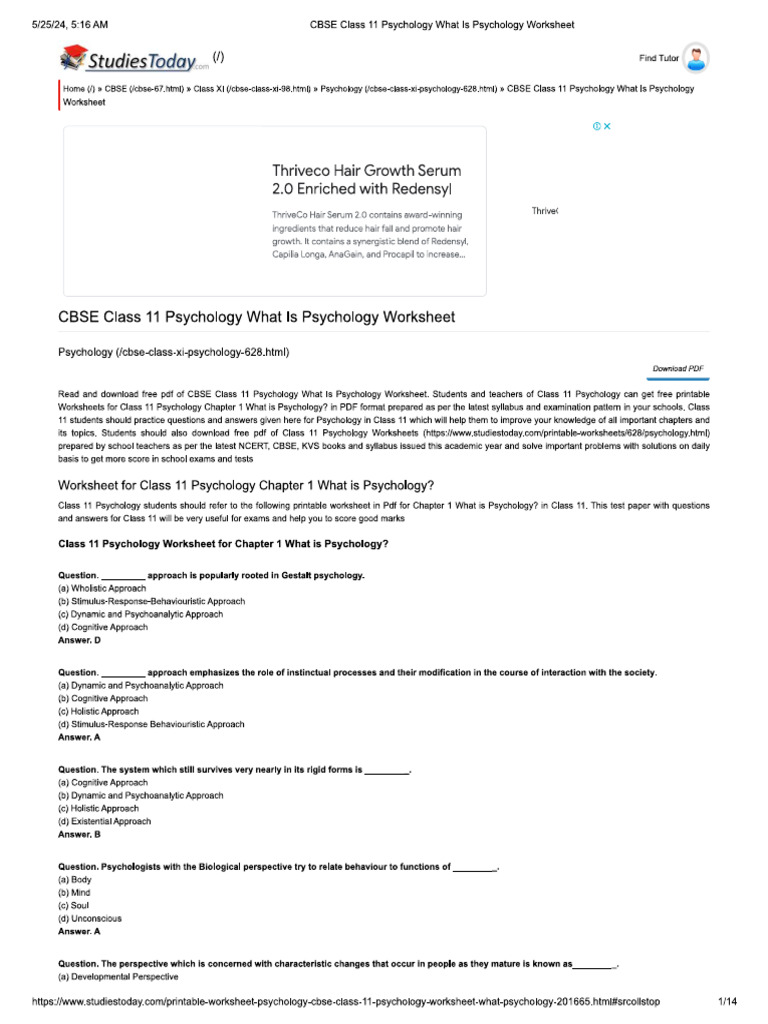 11th Psy Worksheet | PDF