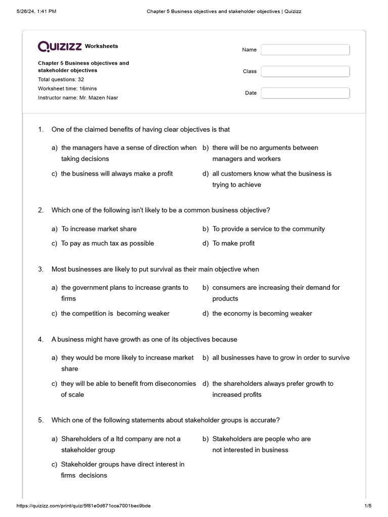 Business and Stakeholder Objectives Quiz | PDF | Stakeholder (Corporate ...