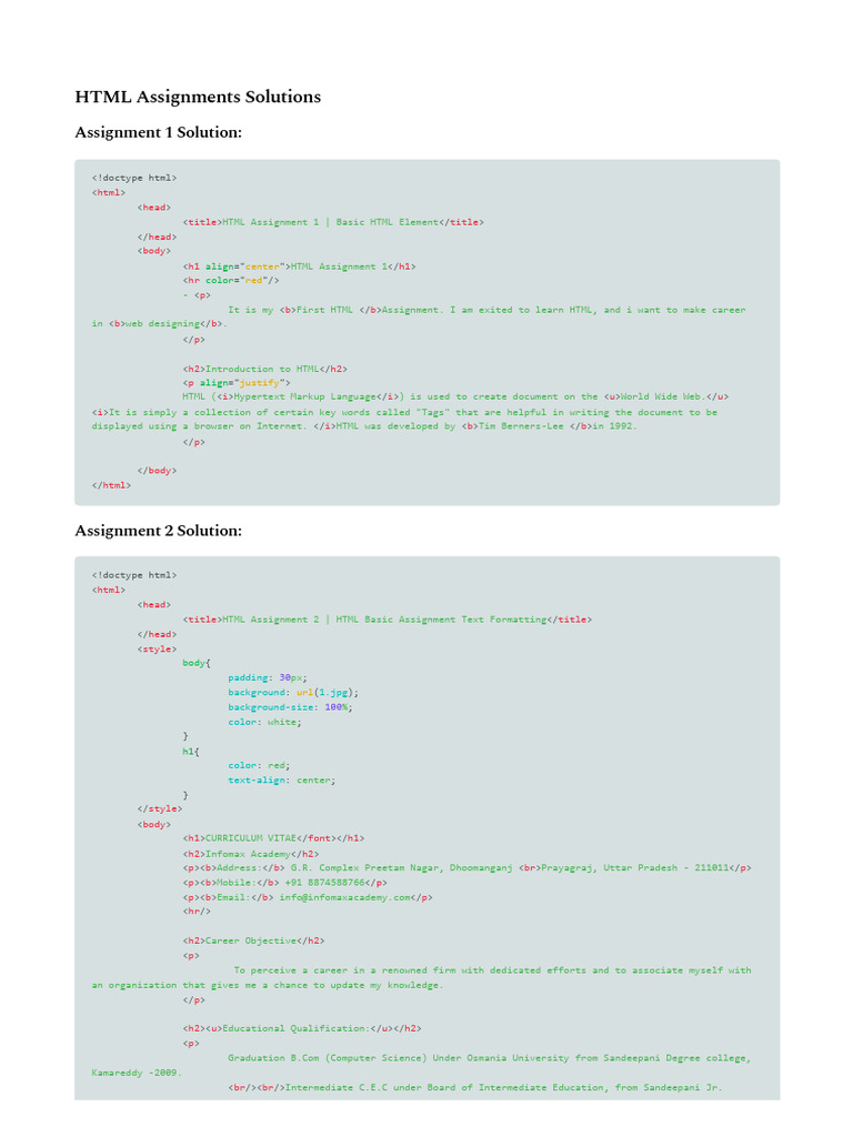 HTML Assignments Solutions | PDF | Html